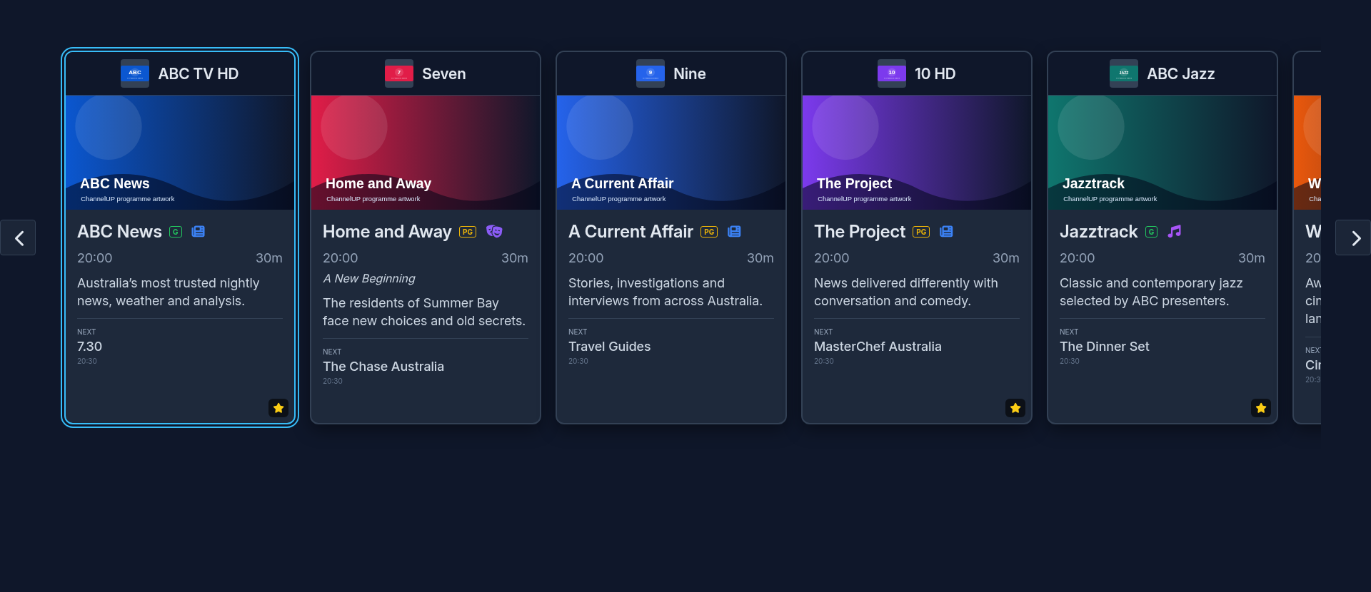 ChannelUP channel carousel showing Australian free-to-air listings